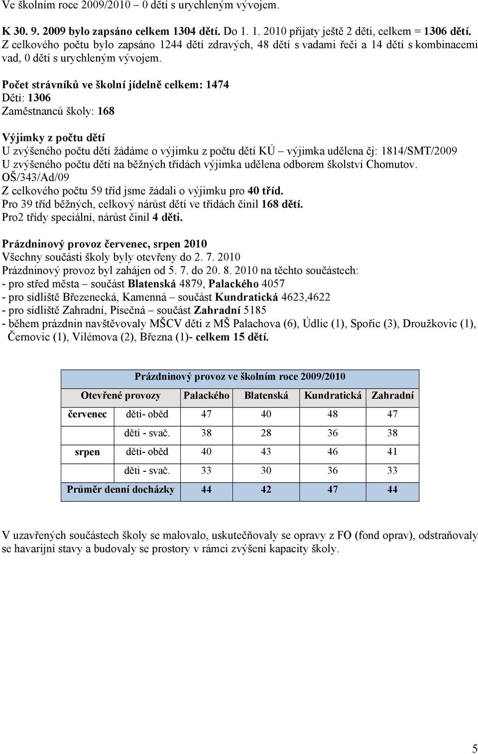 Počet strávníků ve školní jídelně celkem: 1474 Dětí: 1306 Zaměstnanců školy: 168 Výjimky z počtu dětí U zvýšeného počtu dětí žádáme o výjimku z počtu dětí KÚ výjimka udělena čj: 1814/SMT/2009 U