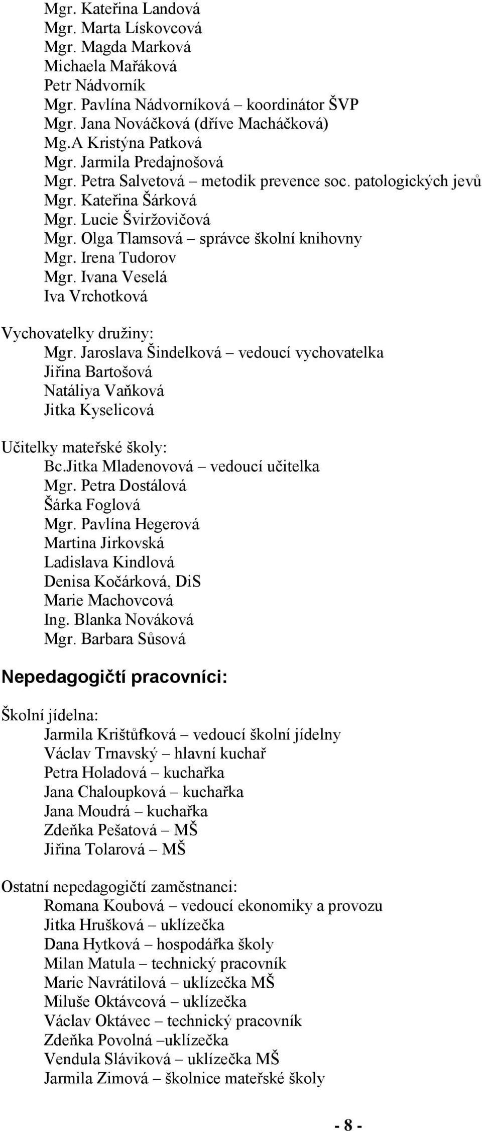 Irena Tudorov Mgr. Ivana Veselá Iva Vrchotková Vychovatelky družiny: Mgr. Jaroslava Šindelková vedoucí vychovatelka Jiřina Bartošová Natáliya Vaňková Jitka Kyselicová Učitelky mateřské školy: Bc.