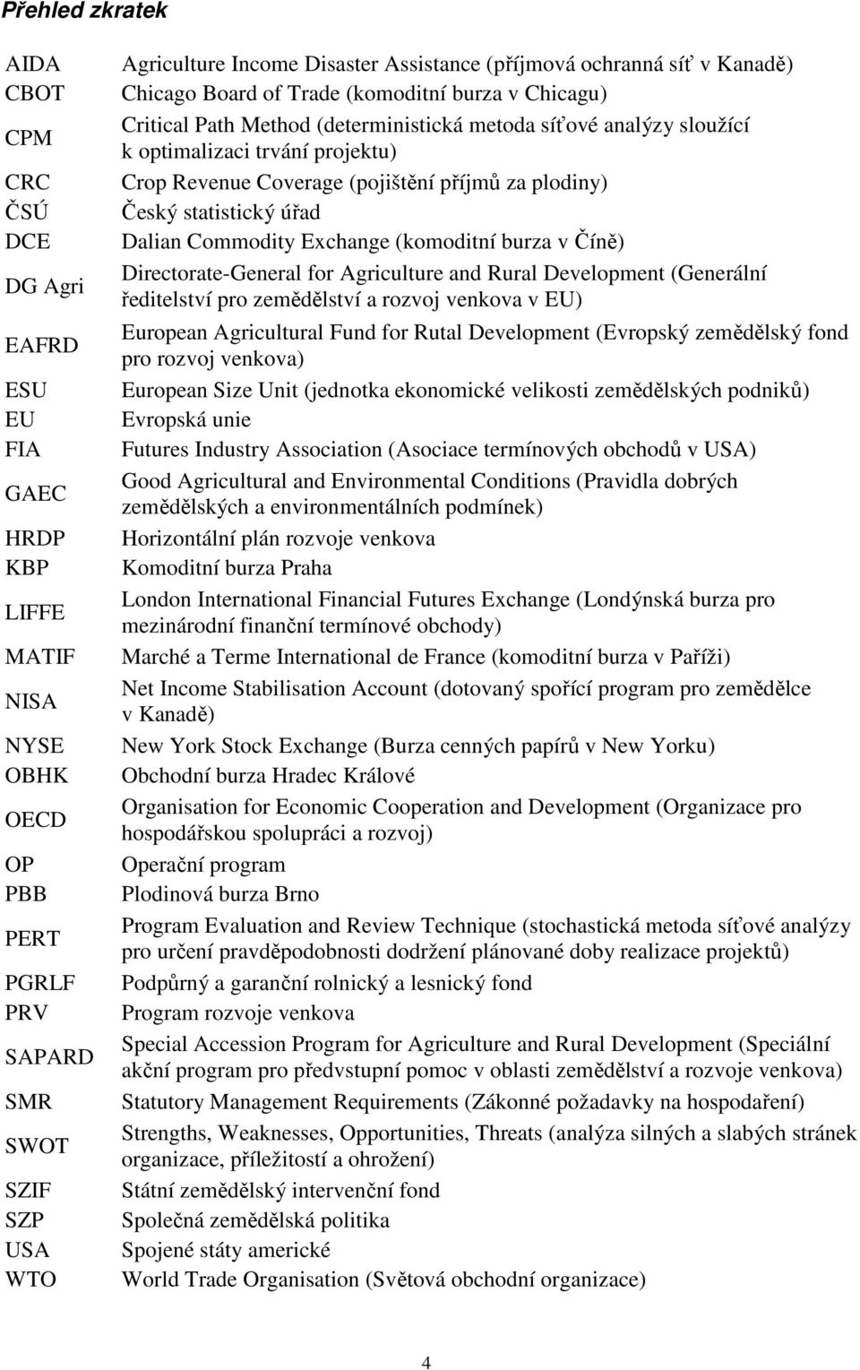 Crop Revenue Coverage (pojištění příjmů za plodiny) Český statistický úřad Dalian Commodity Exchange (komoditní burza v Číně) Directorate-General for Agriculture and Rural Development (Generální