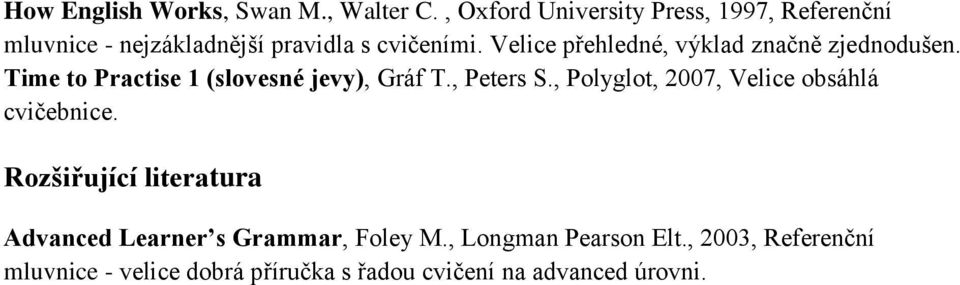 Velice přehledné, výklad značně zjednodušen. Time to Practise 1 (slovesné jevy), Gráf T., Peters S.