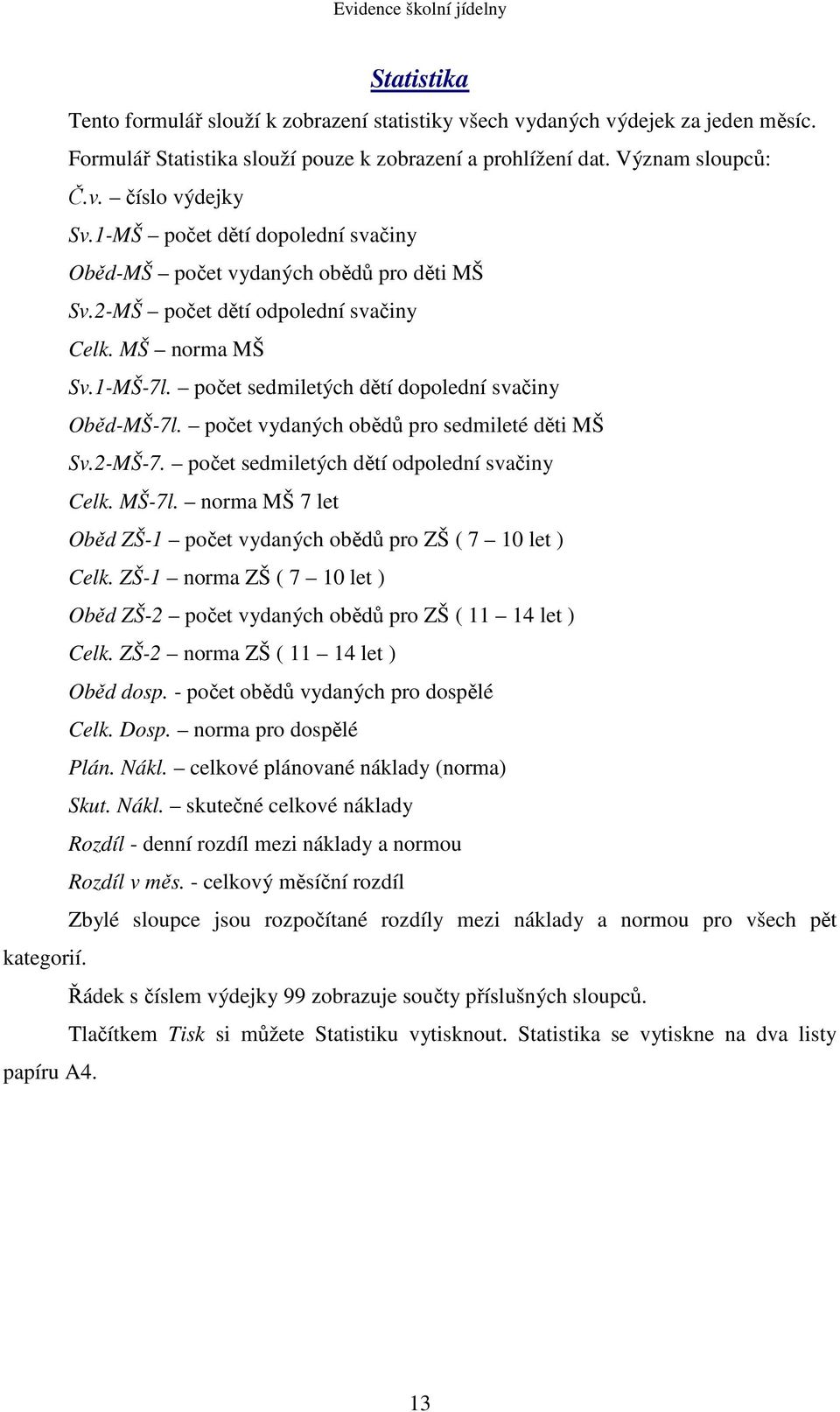 počet vydaných obědů pro sedmileté děti MŠ Sv.2-MŠ-7. počet sedmiletých dětí odpolední svačiny Celk. MŠ-7l. norma MŠ 7 let Oběd ZŠ-1 počet vydaných obědů pro ZŠ ( 7 10 let ) Celk.