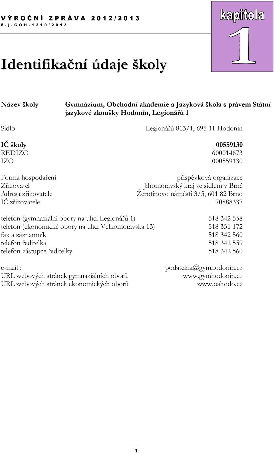 zřizovatele 70888337 telefon (gymnaziální obory na ulici Legionářů 1) 518 342 558 telefon (ekonomické obory na ulici Velkomoravská 13) 518 351 172 fax a záznamník 518 342 560 telefon