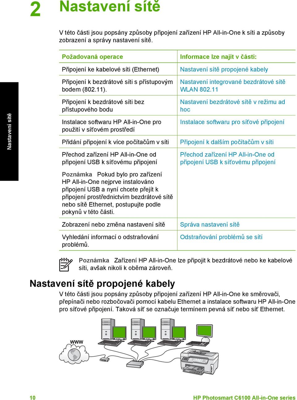 Připojení k bezdrátové síti bez přístupového bodu Instalace softwaru HP All-in-One pro použití v síťovém prostředí Přidání připojení k více počítačům v síti Přechod zařízení HP All-in-One od