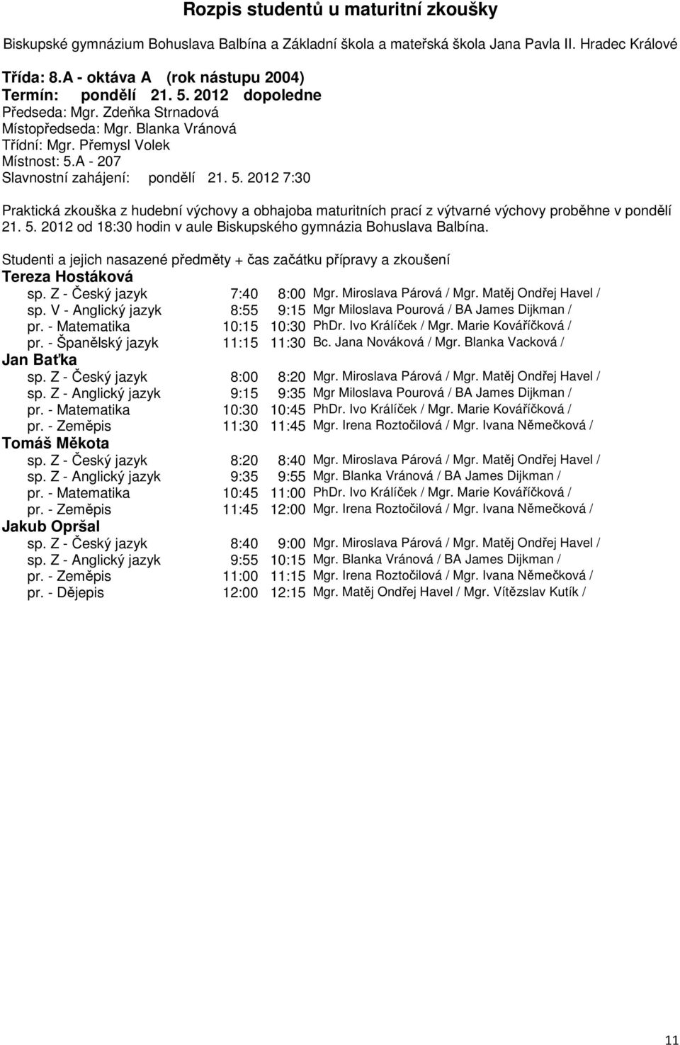 V - Anglický jazyk 8:55 9:15 Mgr Miloslava Pourová / BA James Dijkman / pr. - Matematika 10:15 10:30 PhDr. Ivo Králíček / Mgr. Marie Kováříčková / pr. - Španělský jazyk 11:15 11:30 Bc.