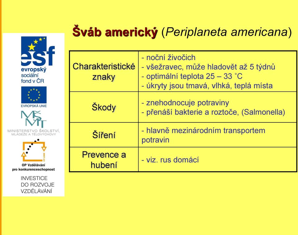 33 C - úkryty jsou tmavá, vlhká, teplá místa - znehodnocuje potraviny - přenáší