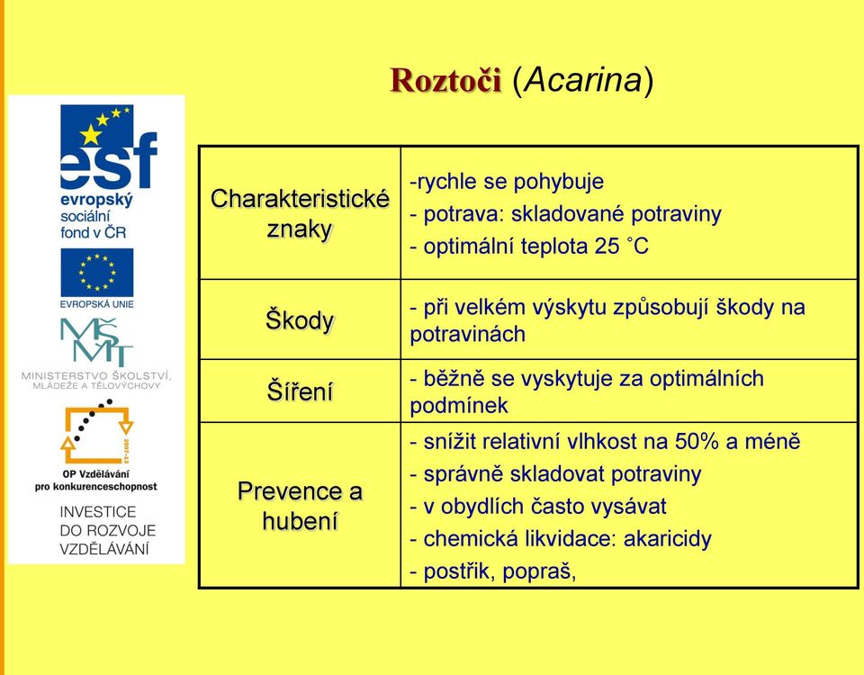 potravinách - běžně se vyskytuje za optimálních podmínek - snížit relativní vlhkost na 50% a méně