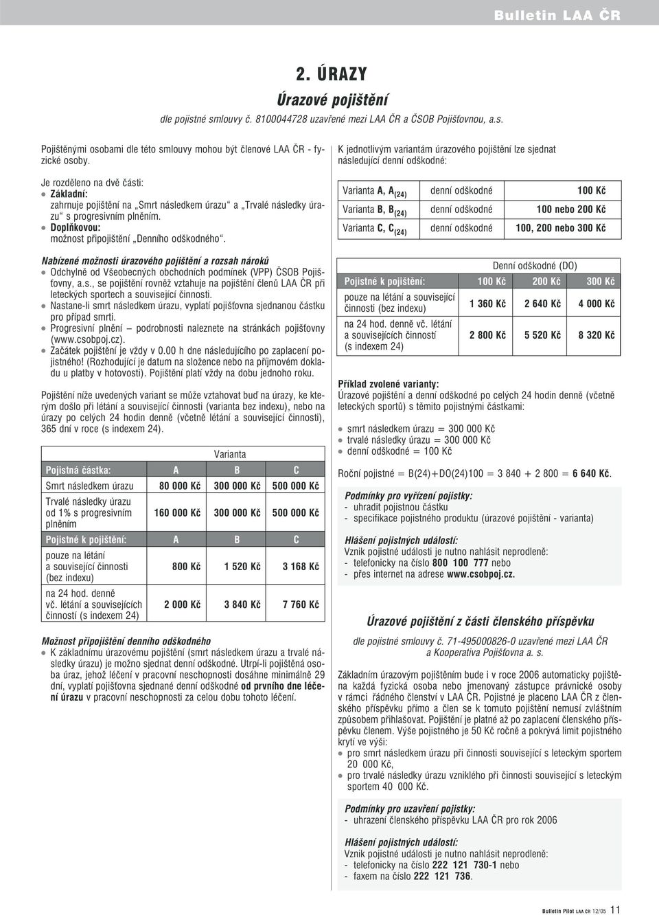 Nabízené možnosti úrazového pojištění a rozsah nároků Odchylně od Všeobecných obchodních podmínek (VPP) ČSOB Pojiš ťovny, a.s., se pojištění rovněž vztahuje na pojištění členů LAA ČR při leteckých sportech a související činnosti.