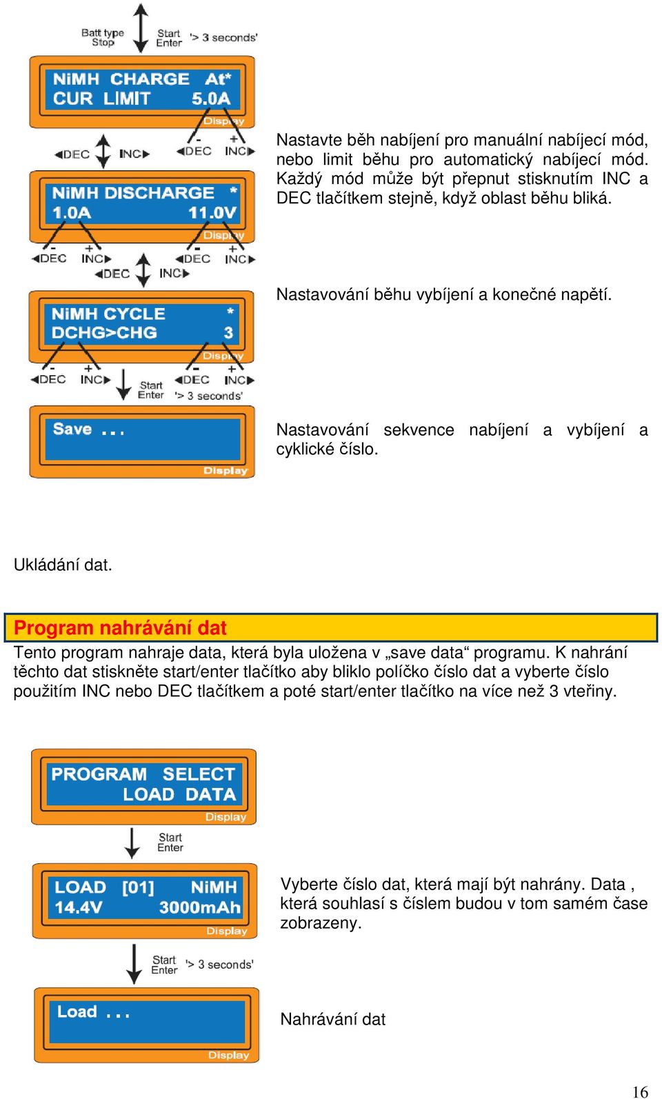 Nastavování sekvence nabíjení a vybíjení a cyklické číslo. Ukládání dat. Program nahrávání dat Tento program nahraje data, která byla uložena v save data programu.