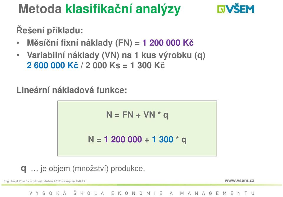 600 000 Kč / 2 000 Ks = 1 300 Kč Lineární nákladová funkce: N = FN