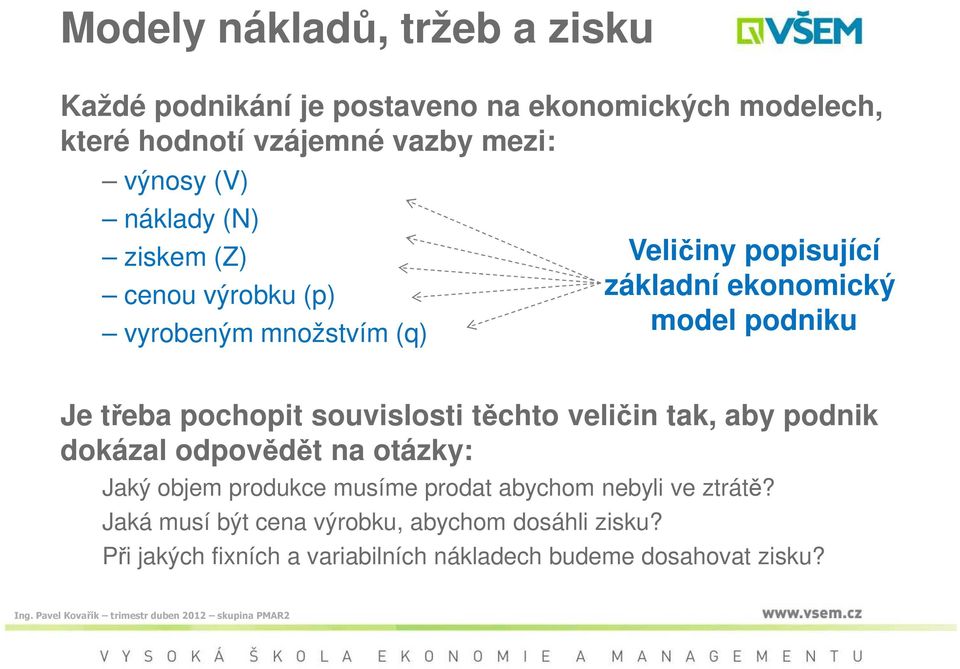 třeba pochopit souvislosti těchto veličin tak, aby podnik dokázal odpovědět na otázky: Jaký objem produkce musíme prodat abychom