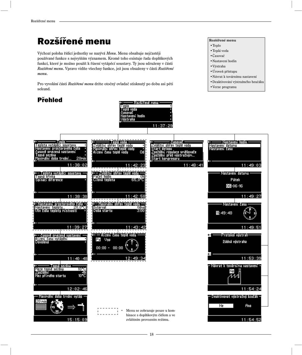 Vpravo vidíte všechny funkce, jež jsou obsaženy v části Rozšířené menu. Pro vyvolání části Rozšířené menu držte otočný ovladač stisknutý po dobu asi pěti sekund.