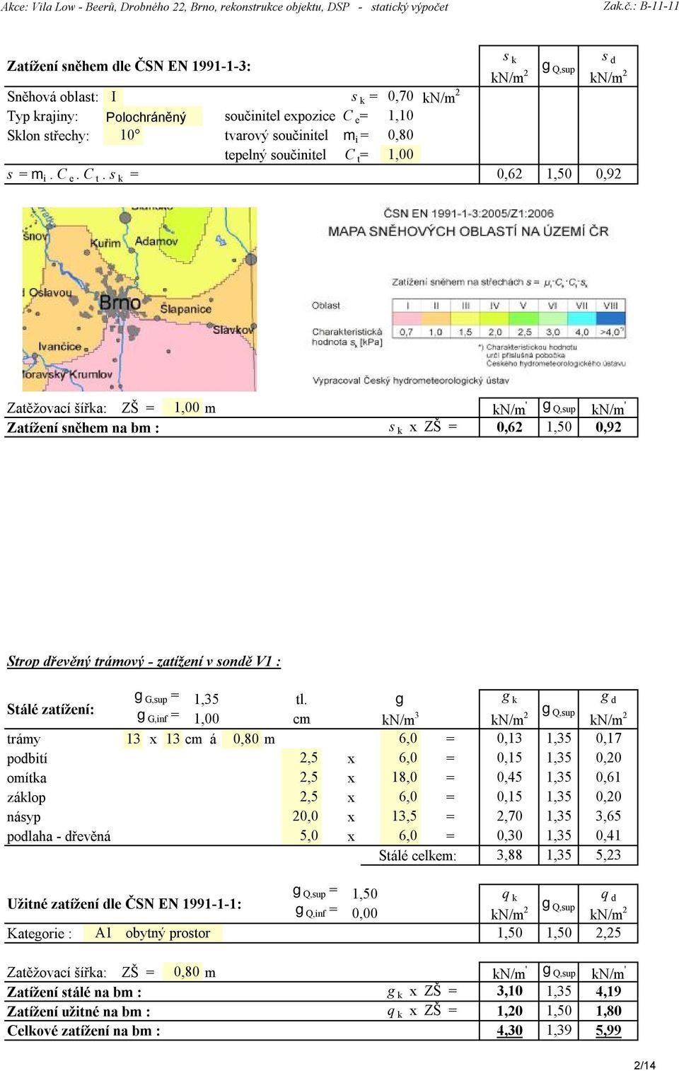 s k = s k s d g Q,sup = kn/m 2 kn/m 2 0,62 1,50 0,92 Zatěžovací šířka: ZŠ = 1,00 m Zatížení sněhem na bm : s k x ZŠ = 0,62 1,50 0,92 Strop dřevěný trámový - zatížení v sondě V1 : Stálé zatížení: g