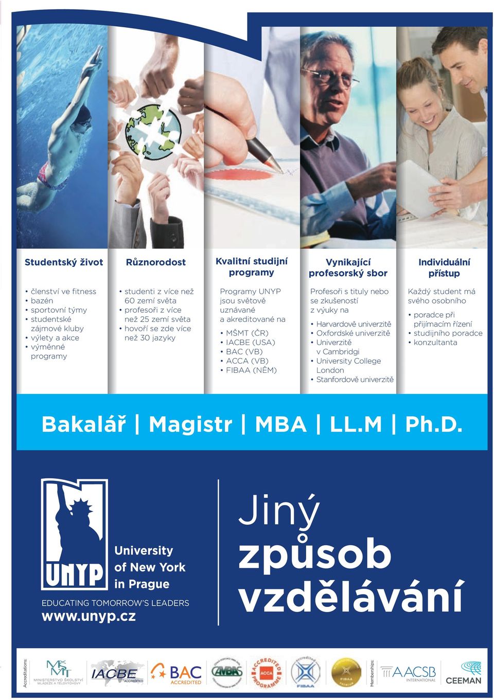 ACCA (VB) FIBAA (NĚM) Profesoři s tituly nebo se zkušeností z výuky na Harvardově univerzitě Oxfordské univerzitě Univerzitě v Cambridgi University College London Stanfordově univerzitě Každý