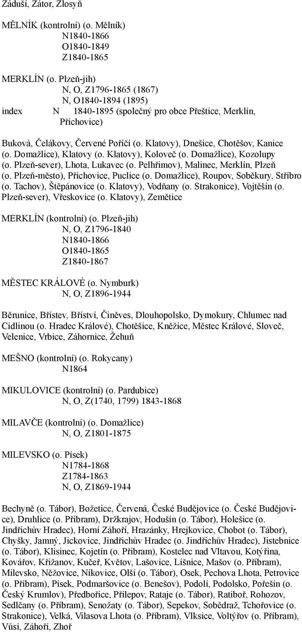 Domažlice), Klatovy (o. Klatovy), Koloveč (o. Domažlice), Kozolupy (o. Plzeň-sever), Lhota, Lukavec (o. Pelhřimov), Malinec, Merklín, Plzeň (o. Plzeň-město), Příchovice, Puclice (o.