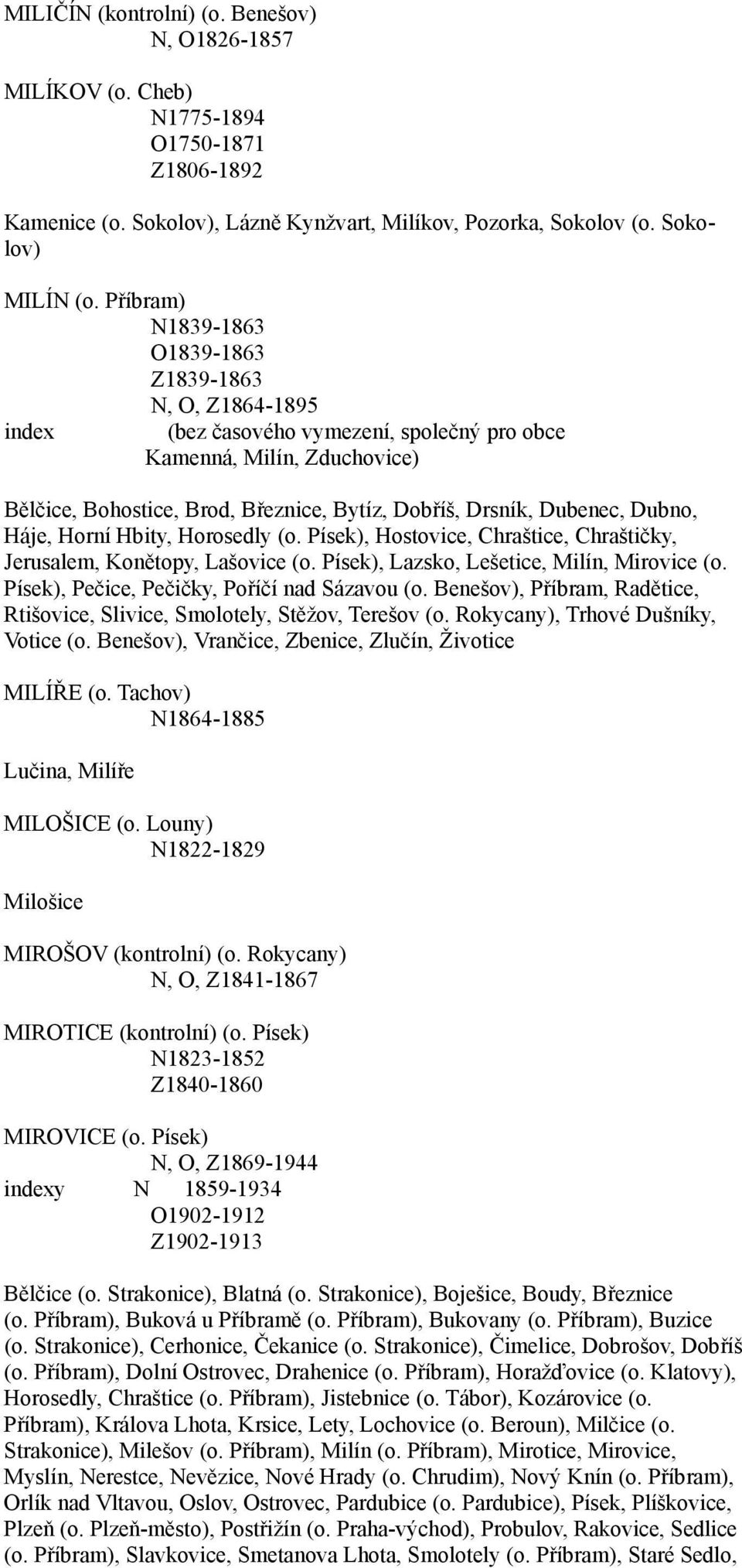 Dubenec, Dubno, Háje, Horní Hbity, Horosedly (o. Písek), Hostovice, Chraštice, Chraštičky, Jerusalem, Konětopy, Lašovice (o. Písek), Lazsko, Lešetice, Milín, Mirovice (o.