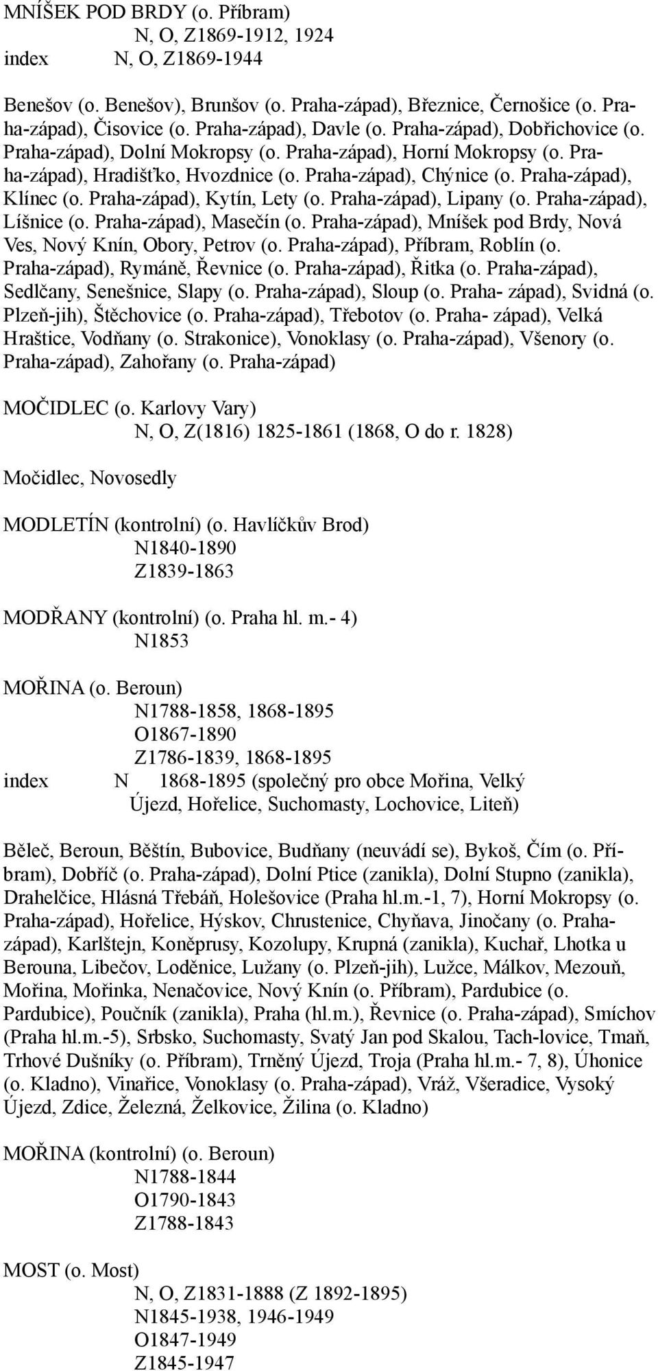 Praha-západ), Kytín, Lety (o. Praha-západ), Lipany (o. Praha-západ), Líšnice (o. Praha-západ), Masečín (o. Praha-západ), Mníšek pod Brdy, Nová Ves, Nový Knín, Obory, Petrov (o.