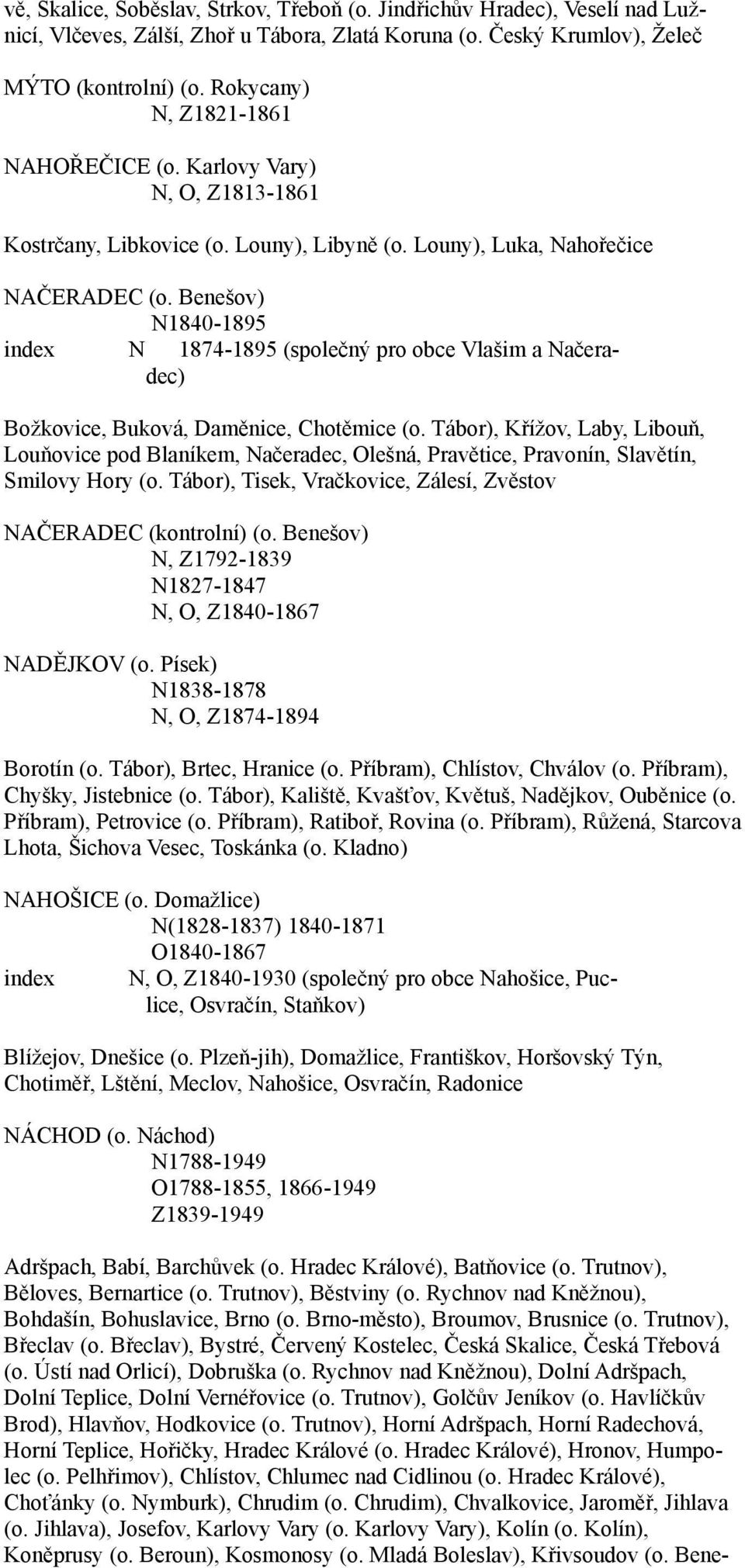 Benešov) N1840-1895 index N 1874-1895 (společný pro obce Vlašim a Načeradec) Božkovice, Buková, Daměnice, Chotěmice (o.