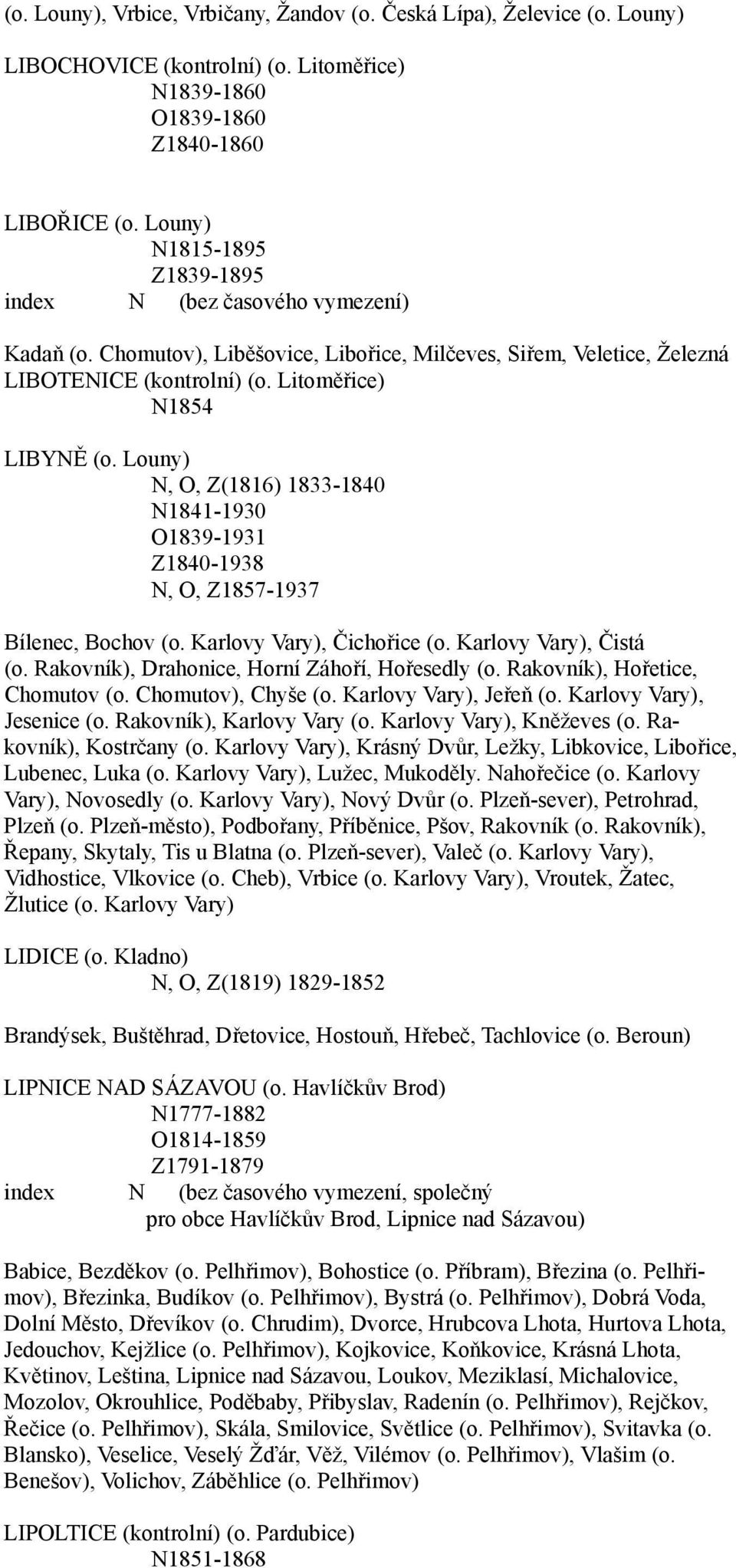 Louny) N, O, Z(1816) 1833-1840 N1841-1930 O1839-1931 Z1840-1938 N, O, Z1857-1937 Bílenec, Bochov (o. Karlovy Vary), Čichořice (o. Karlovy Vary), Čistá (o.