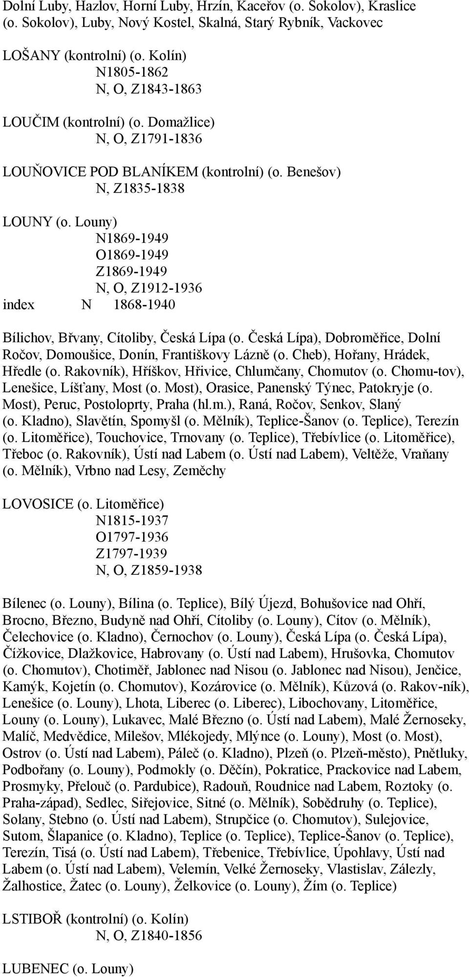 Louny) N1869-1949 O1869-1949 Z1869-1949 N, O, Z1912-1936 index N 1868-1940 Bílichov, Břvany, Cítoliby, Česká Lípa (o. Česká Lípa), Dobroměřice, Dolní Ročov, Domoušice, Donín, Františkovy Lázně (o.