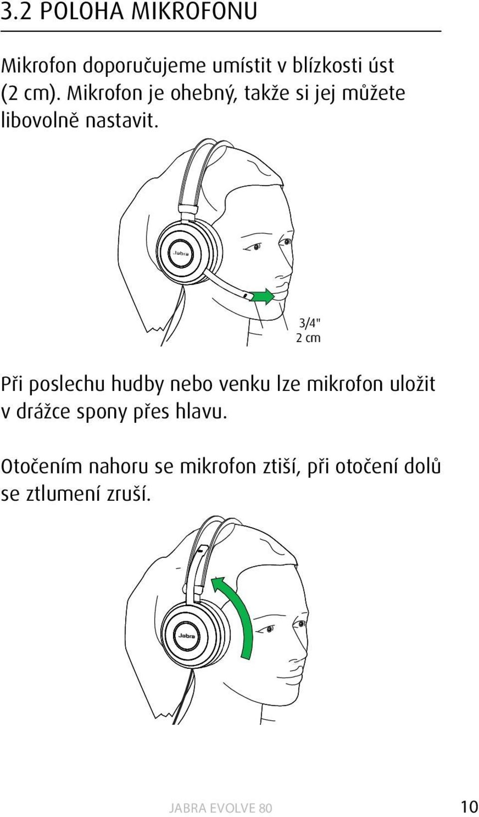 3/4" 2 cm Při poslechu hudby nebo venku lze mikrofon uložit v drážce spony