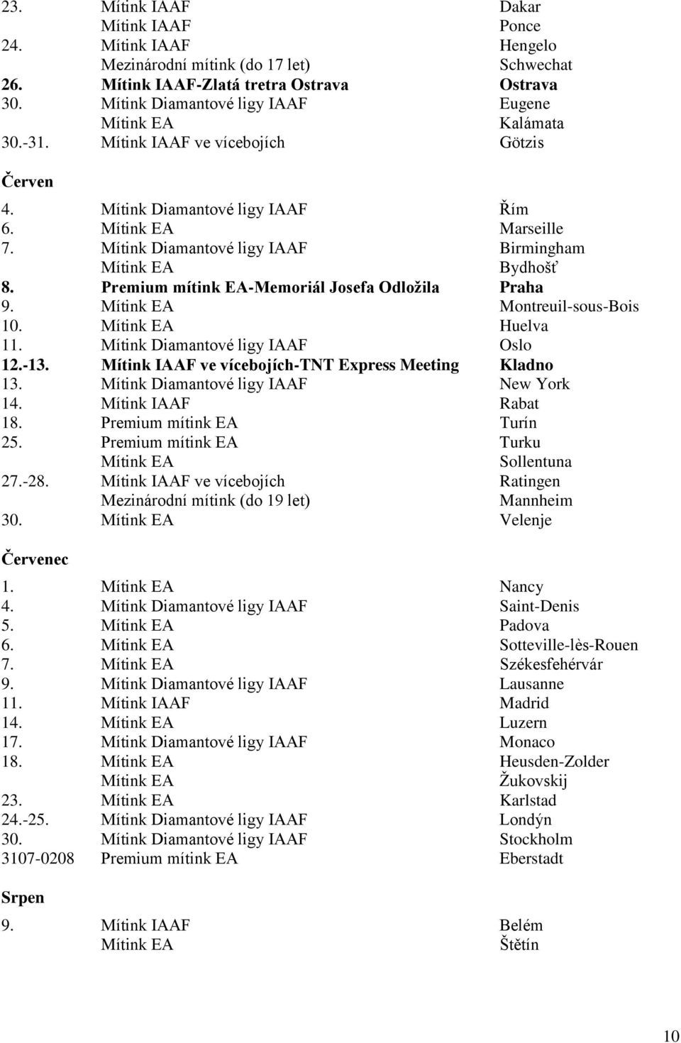 Premium mítink EA-Memoriál Josefa Odložila Praha 9. Montreuil-sous-Bois 10. Huelva 11. Mítink Diamantové ligy IAAF Oslo 12.-13. Mítink IAAF ve vícebojích-tnt Express Meeting Kladno 13.