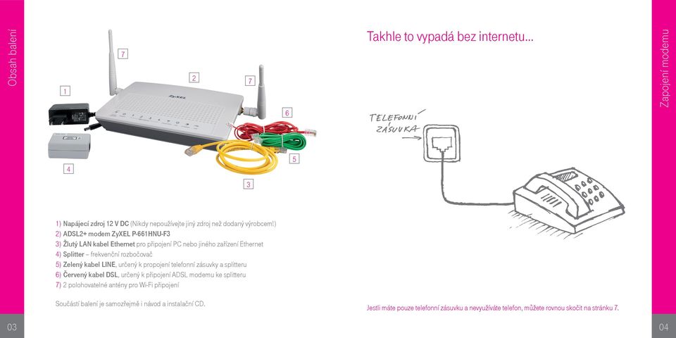 kabel LINE, určený k propojení telefonní zásuvky a splitteru 6) Červený kabel DSL, určený k připojení ADSL modemu ke splitteru 7) 2 polohovatelné antény pro