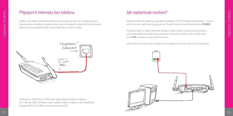 Modem začne blikat musí se trochu mrknout, jestli vše funguje, jak má. Do půl minuty se rozsvítí zelená dioda POWER.