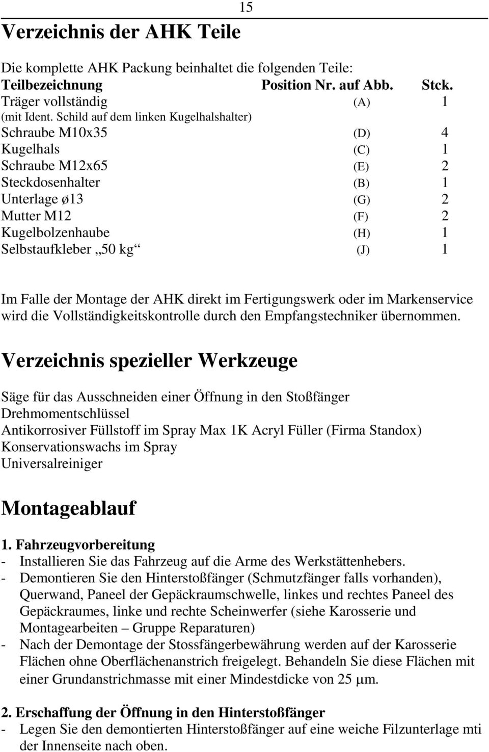 50 kg (J) 1 Im Falle der Montage der AHK direkt im Fertigungswerk oder im Markenservice wird die Vollständigkeitskontrolle durch den Empfangstechniker übernommen.