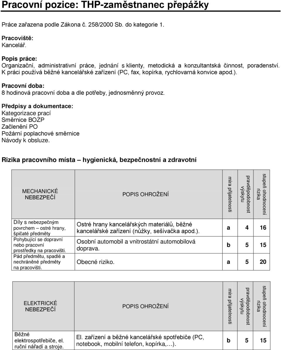 K práci používá běžné kancelářské zařízení (PC, fax, kopírka, rychlovarná konvice apod.). Pracovní doba: 8 hodinová pracovní doba a dle potřeby, jednosměnný provoz.