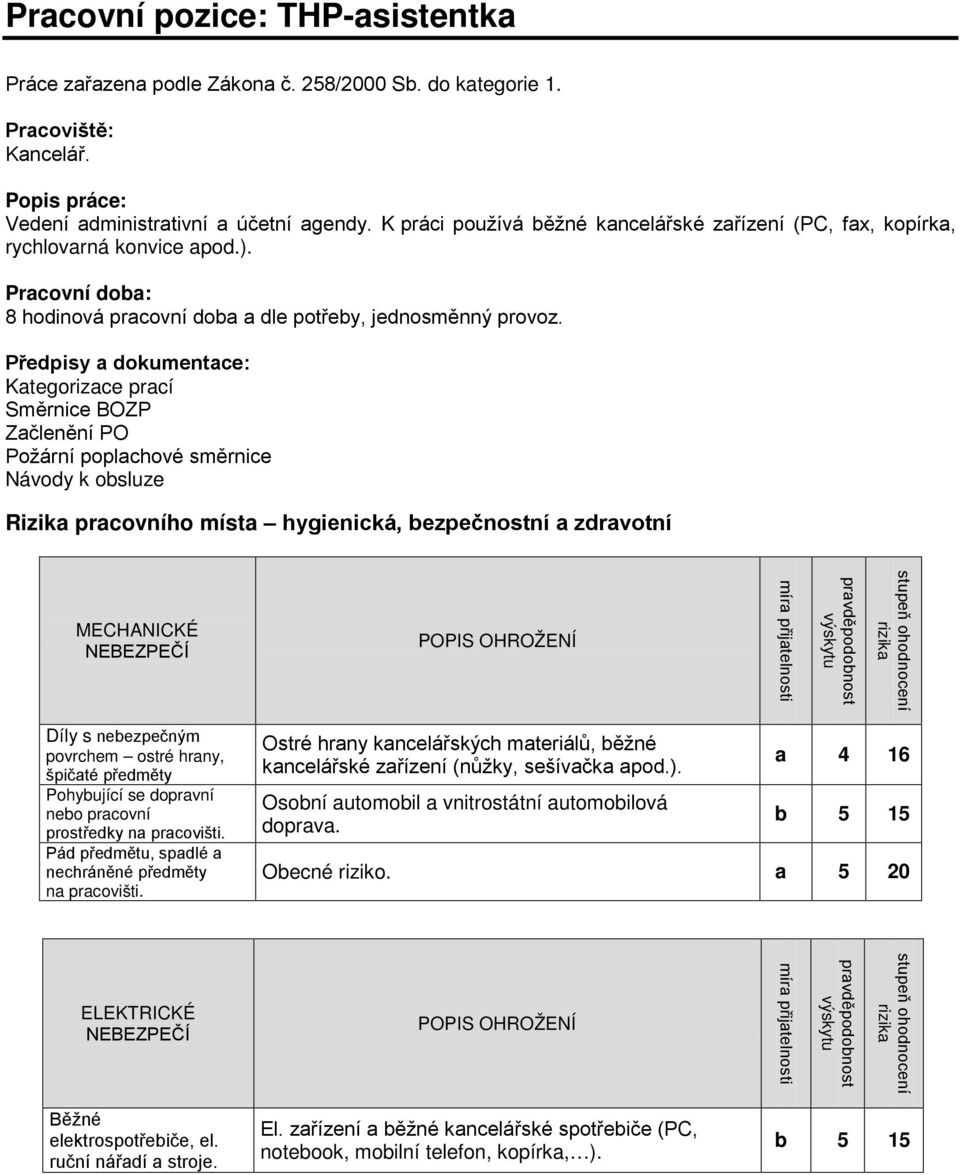 Předpisy a dokumentace: Kategorizace prací Směrnice BOZP Začlenění PO Požární poplachové směrnice Návody k obsluze Rizika pracovního místa hygienická, bezpečnostní a zdravotní MECHANICKÉ NEBEZPEČÍ