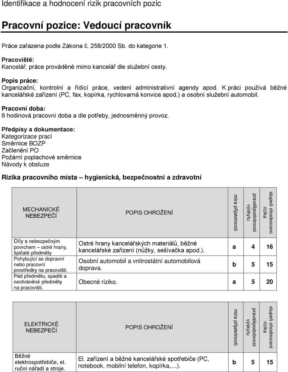 K práci používá běžné kancelářské zařízení (PC, fax, kopírka, rychlovarná konvice apod.) a osobní služební automobil. Pracovní doba: 8 hodinová pracovní doba a dle potřeby, jednosměnný provoz.