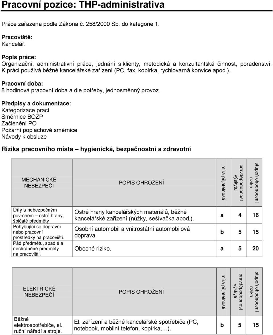 K práci používá běžné kancelářské zařízení (PC, fax, kopírka, rychlovarná konvice apod.). Pracovní doba: 8 hodinová pracovní doba a dle potřeby, jednosměnný provoz.