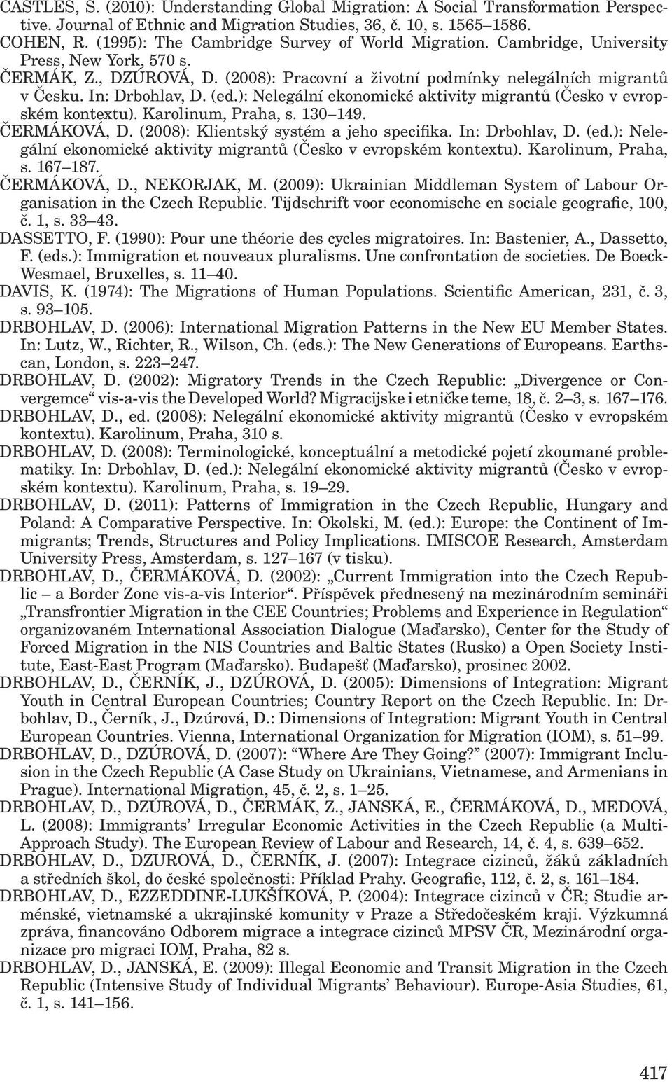 In: Drbohlav, D. (ed.): Nelegální ekonomické aktivity migrantů (Česko v evropském kontextu). Karolinum, Praha, s. 130 149. ČERMÁKOVÁ, D. (2008): Klientský systém a jeho specifika. In: Drbohlav, D.