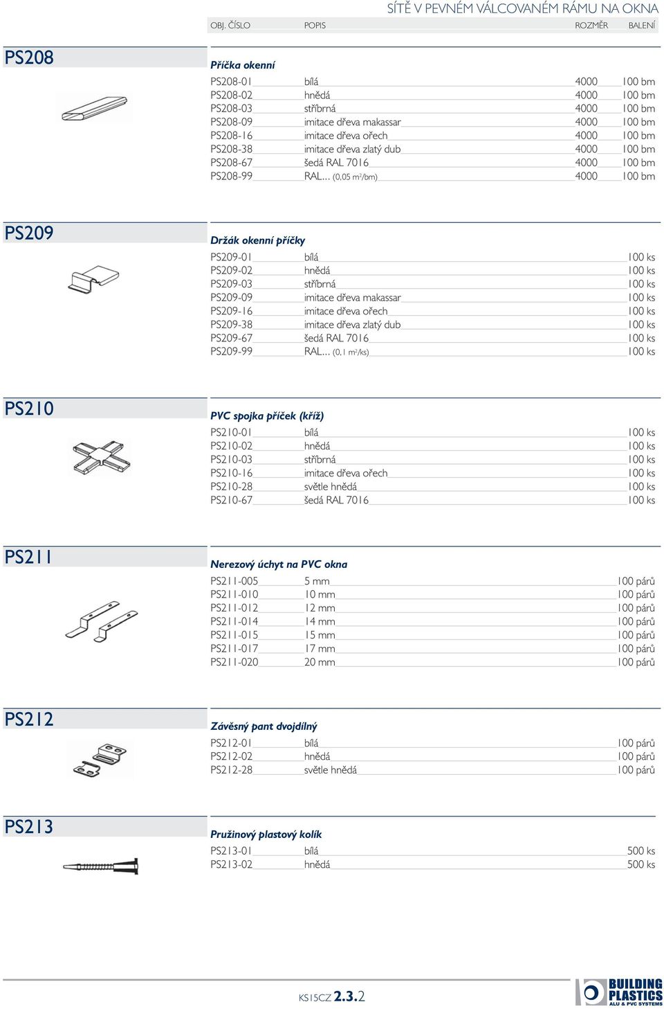 .. (0,05 m 2 /bm) 4000 100 bm PS209 Držák okenní příčky PS209-01 bílá 100 ks PS209-02 hnědá 100 ks PS209-03 stříbrná 100 ks PS209-09 imitace dřeva makassar 100 ks PS209-16 imitace dřeva ořech 100 ks