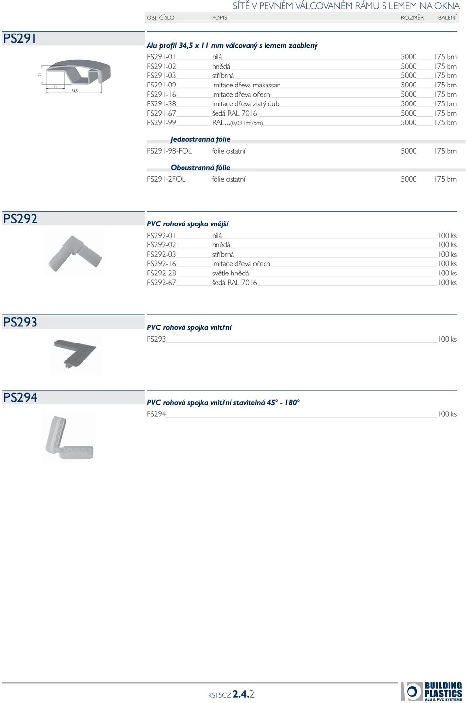 ..(0,091m 2 /bm) 5000 175 bm Jednostranná fólie PS291-98-FOL fólie ostatní 5000 175 bm Oboustranná fólie PS291-2FOL fólie ostatní 5000 175 bm PS292 PVC rohová spojka vnější PS292-01 bílá 100 ks