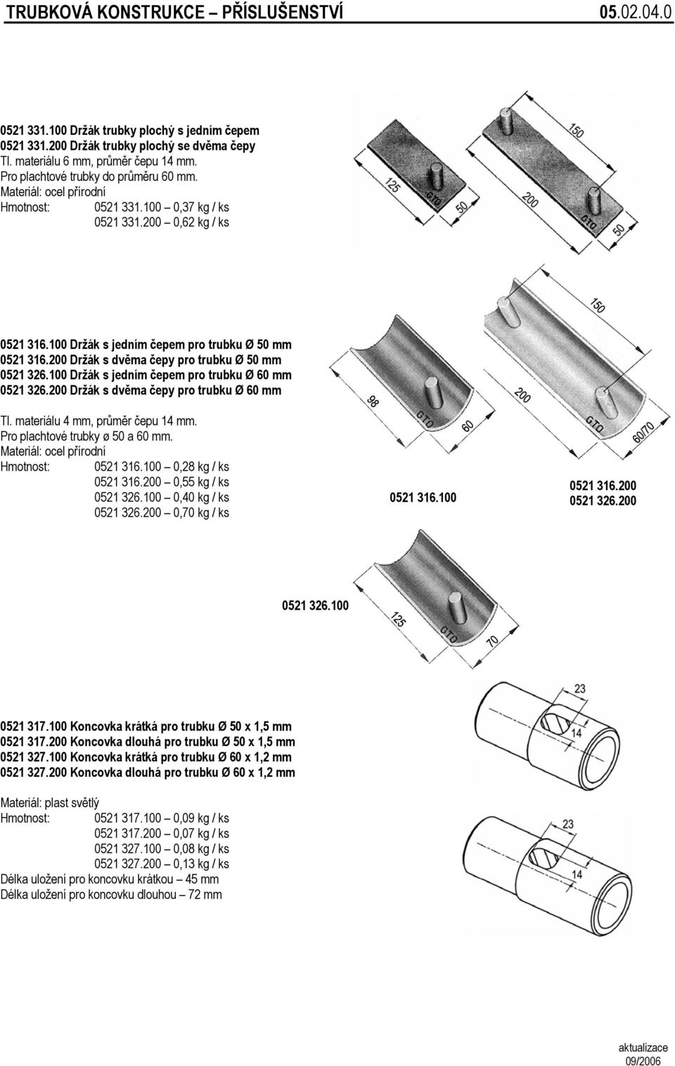 200 Držák s dvěma čepy pro trubku Ø 50 mm 0521 326.100 Držák s jedním čepem pro trubku Ø 60 mm 0521 326.200 Držák s dvěma čepy pro trubku Ø 60 mm Tl. materiálu 4 mm, průměr čepu 14 mm.