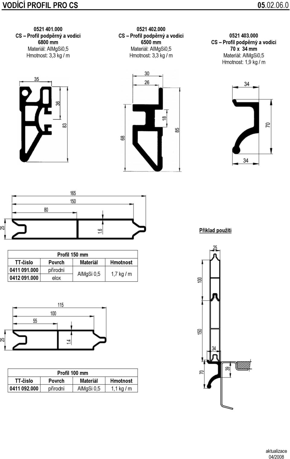 000 CS Profil podpěrný a vodící 70 x 34 mm Materiál: AlMgSi0,5 Hmotnost: 1,9 kg / m Příklad použití Profil 150 mm TT-číslo Povrch