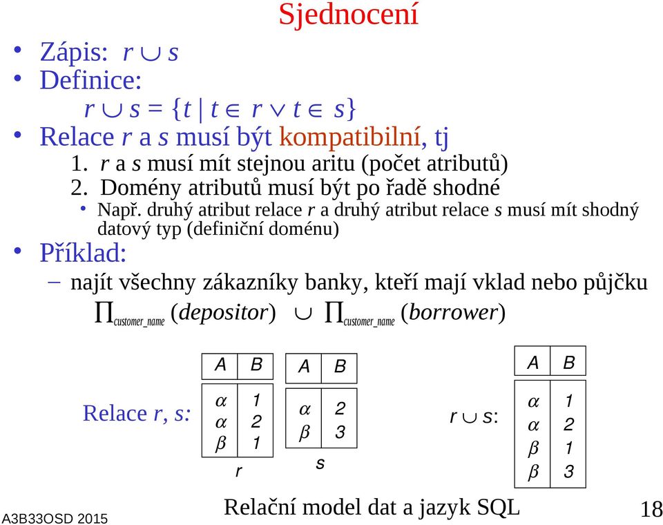 druhý atribut relace r a druhý atribut relace s musí mít shodný datový typ (definiční doménu) Příklad: najít všechny