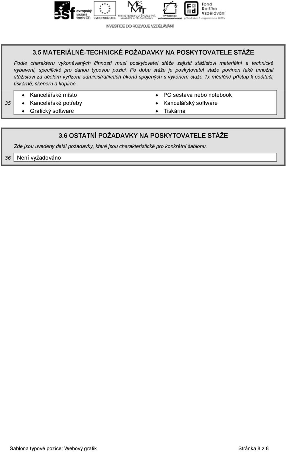 Po dobu stáže je poskytovatel stáže povinen také umožnit stážistovi za účelem vyřízení administrativních úkonů spojených s výkonem stáže 1x měsíčně přístup k počítači, tiskárně,