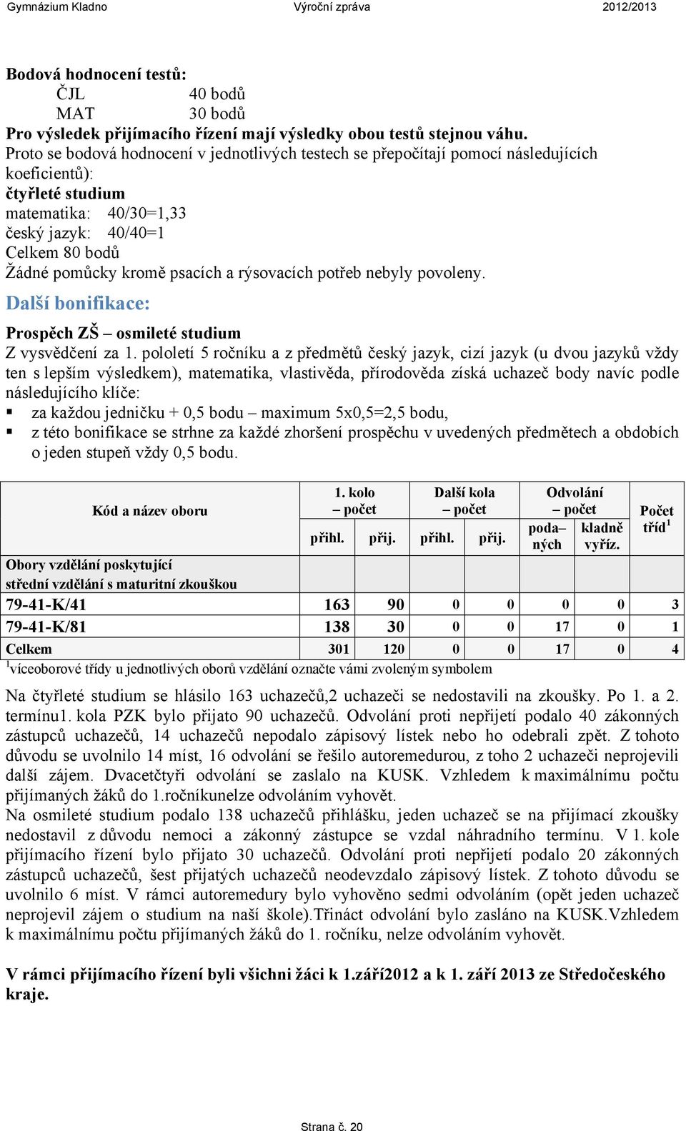 psacích a rýsovacích potřeb nebyly povoleny. Další bonifikace: Prospěch ZŠ osmileté studium Z vysvědčení za 1.