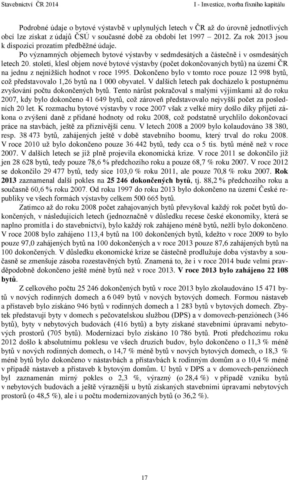 století, klesl objem nové bytové výstavby (počet dokončovaných bytů) na území ČR na jednu z nejnižších hodnot v roce 1995.