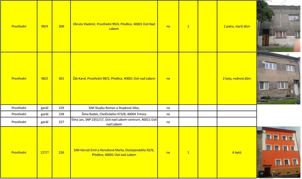 Prostřední garáž 228 Šíma Radek, Chelčického 473/8, 40004 Trmice Prostřední garáž 227 Šíma Jan, SNP 2351/17, Ústí nad