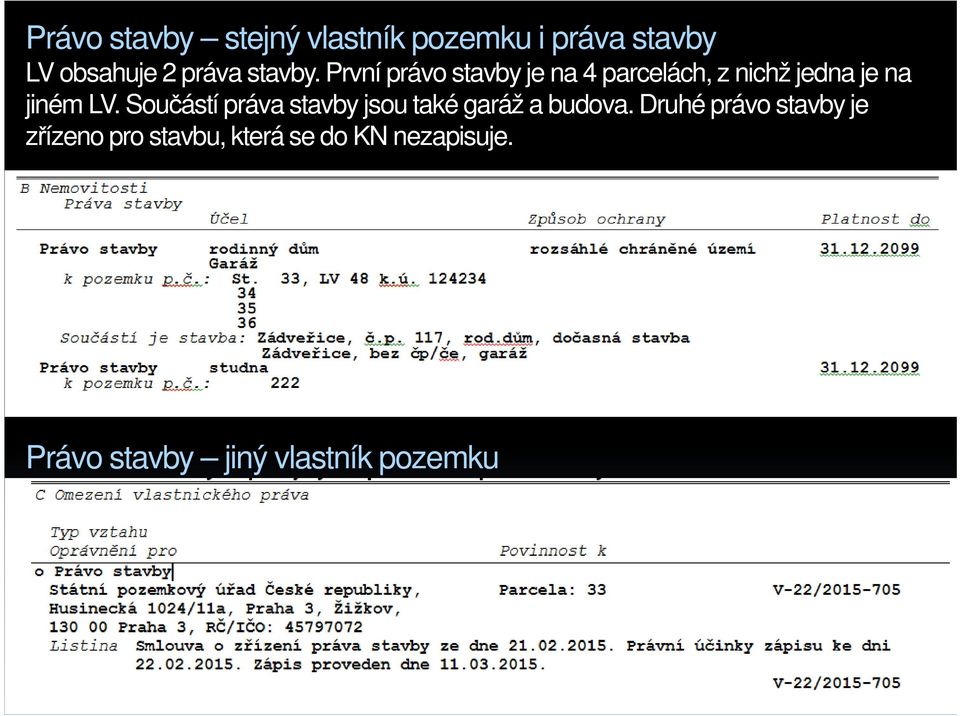 Součástí práva stavby jsou také garáž a budova.