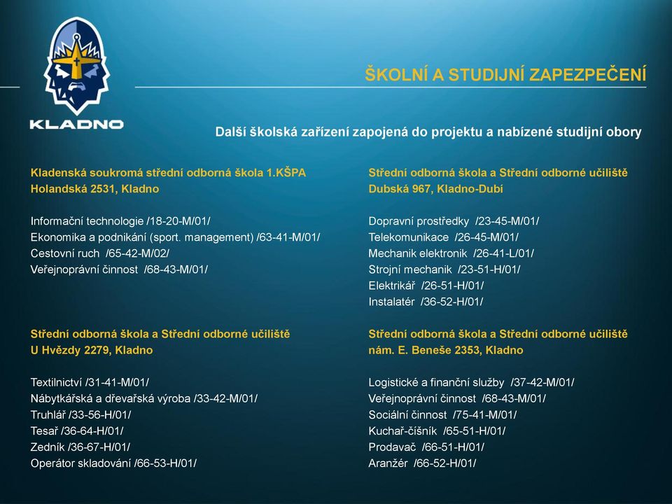 management) /63-41-M/01/ Cestovní ruch /65-42-M/02/ Veřejnoprávní činnost /68-43-M/01/ Střední odborná škola a Střední odborné učiliště U Hvězdy 2279, Kladno Textilnictví /31-41-M/01/ Nábytkářská a