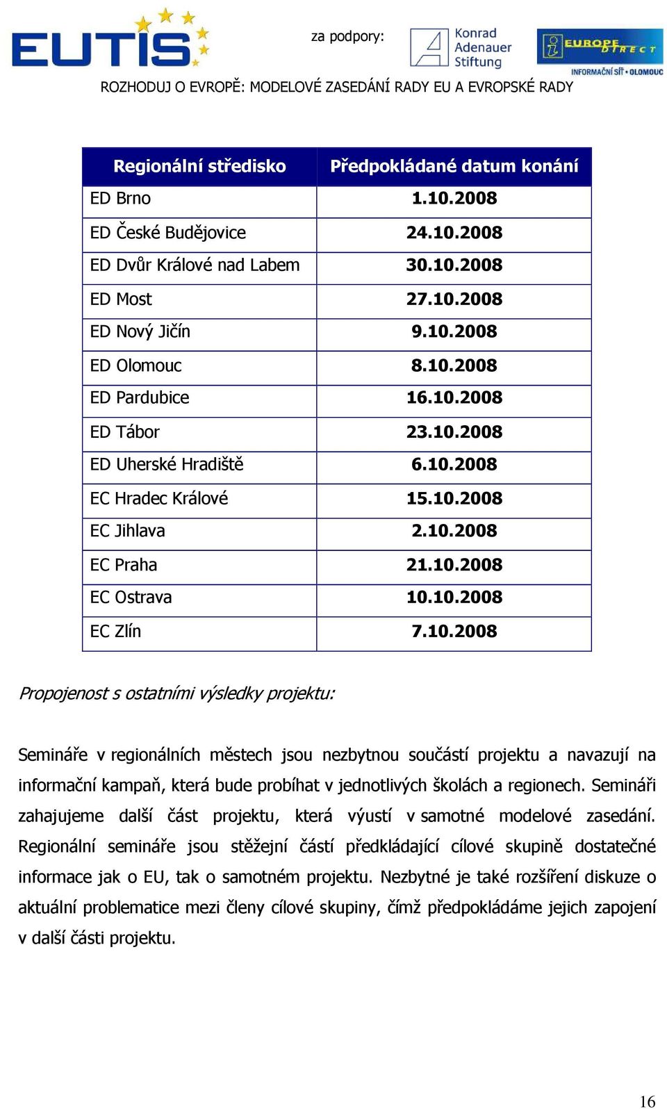 výsledky projektu: Semináře v regionálních městech jsou nezbytnou součástí projektu a navazují na informační kampaň, která bude probíhat v jednotlivých školách a regionech.