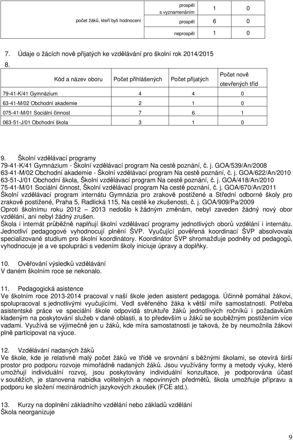 škola 3 1 0 9. Školní vzdělávací programy 79-41-K/41 Gymnázium - Školní vzdělávací program Na cestě poznání, č. j.