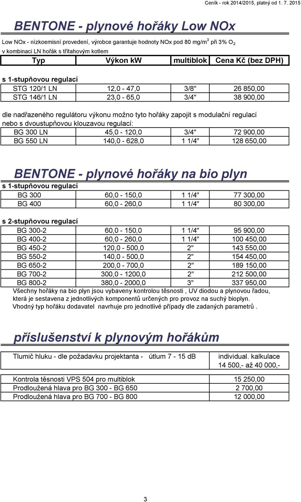 dvoustupňovou klouzavou regulací: BG 300 LN 45,0-120,0 3/4" 72 900,00 BG 550 LN 140,0-628,0 1 1/4" 128 650,00 BENTONE - plynové hořáky na bio plyn s 1-stupňovou regulací BG 300 60,0-150,0 1 1/4" 77