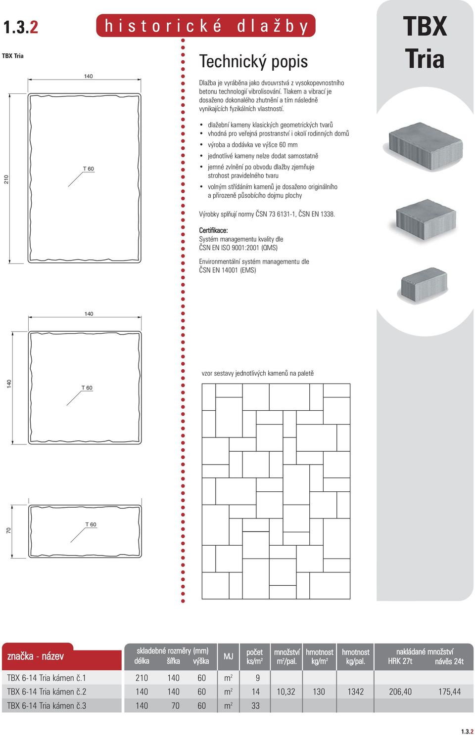 TBX Tria dlažební kameny klasických geometrických tvarů vhodná pro veřejná prostranství i okolí rodinných domů výroba a dodávka ve výšce 60 mm jednotlivé kameny nelze dodat samostatně 210 T 60 jemné