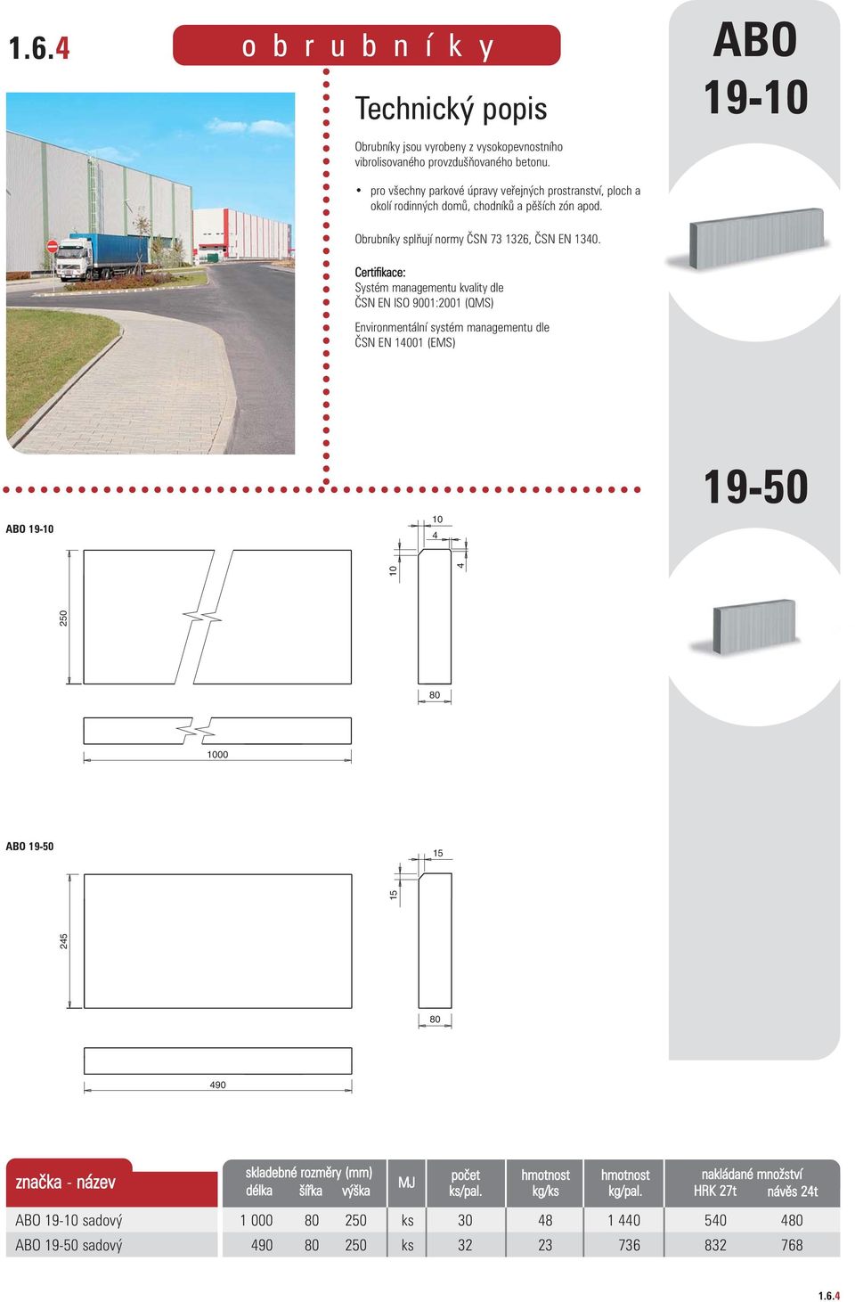 ABO 19-10 Obrubníky splňují normy ČSN 73 1326, ČSN EN 1340.