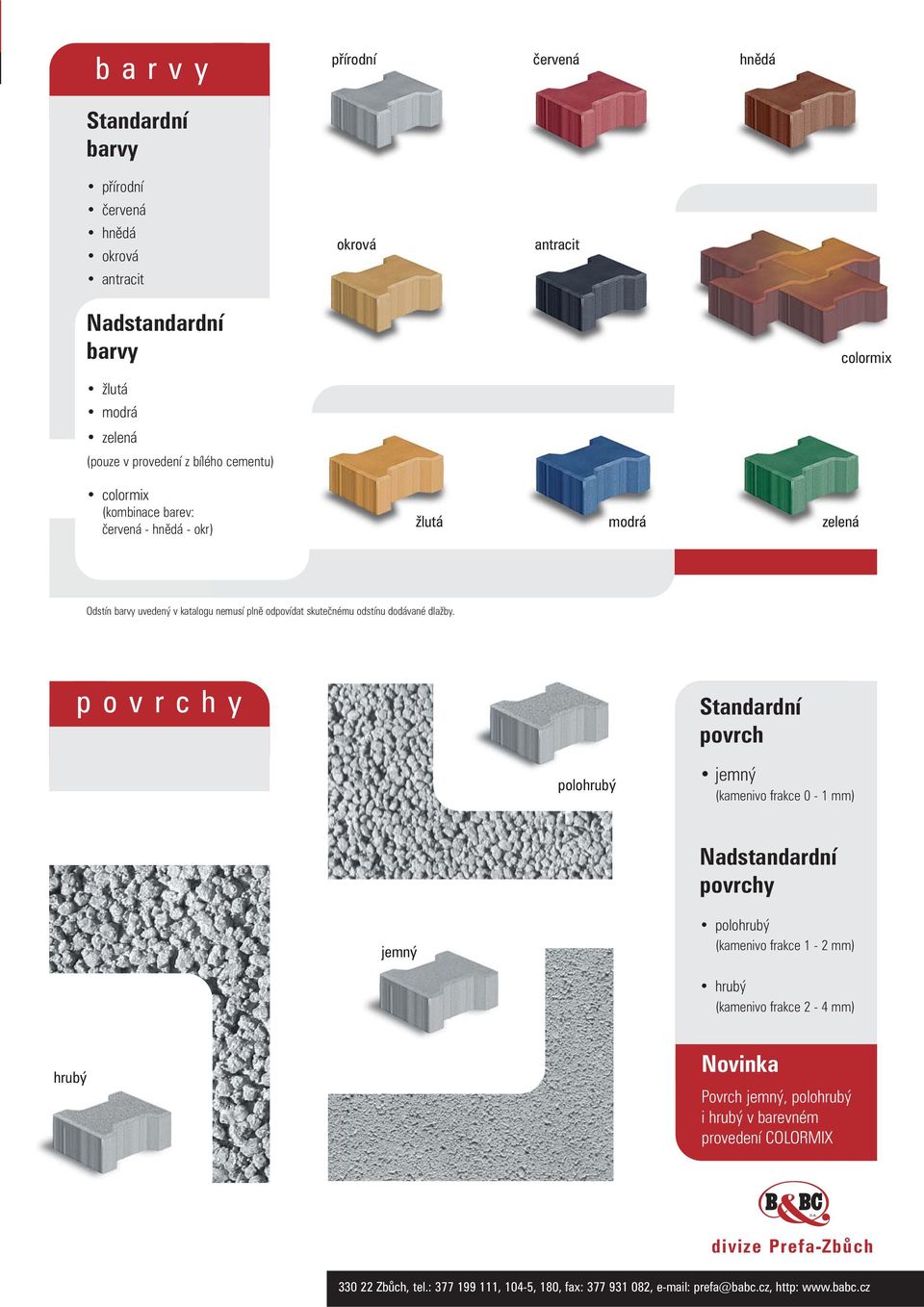 povrchy Standardní povrch polohrubý jemný (kamenivo frakce 0-1 mm) Nadstandardní povrchy jemný polohrubý (kamenivo frakce 1-2 mm) hrubý (kamenivo frakce 2-4 mm) hrubý Novinka